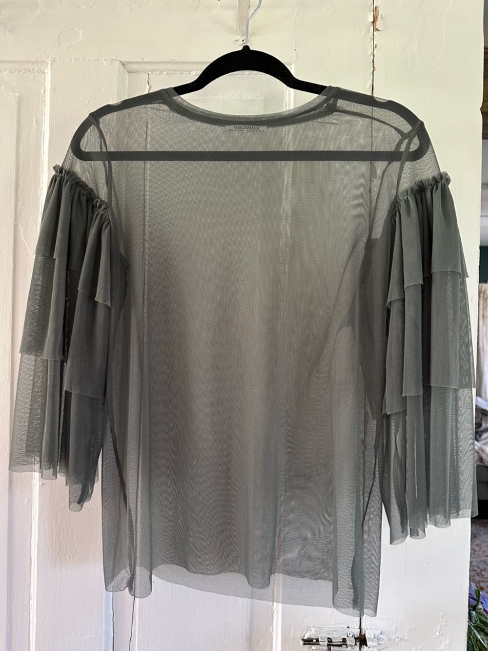 Zara Sheer Tiered Ruffle Sleeve Top - Gray